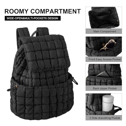 XSUIOY Quilted Backpack Purse for Women Small Lightweight Puffer Puffy College Laptop Backpack Nylon Casual Bookbag Daypack Top Flap Drawstring Padding Hiker Travel Gym Backpack(Black) - color: Black