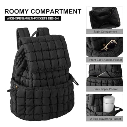 XSUIOY Quilted Backpack Purse for Women Small Lightweight Puffer Puffy College Laptop Backpack Nylon Casual Bookbag Daypack Top Flap Drawstring Padding Hiker Travel Gym Backpack(Black) - color: Black