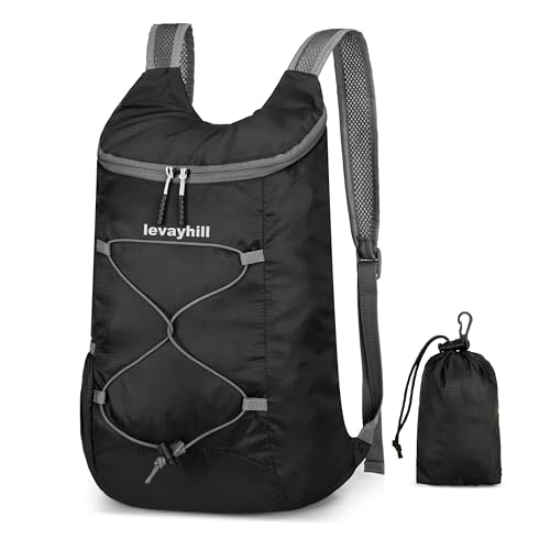 levayhill 16L Foldable Hiking Backpack,Small Packable Daypack, Black & Gray | Lightweight ,Outdoor Collapsible Rucksack,Ultralight Folding Back Pack, Water Repellent, Men Women Travel Gym, Easy Carry-on - color: Black&gray