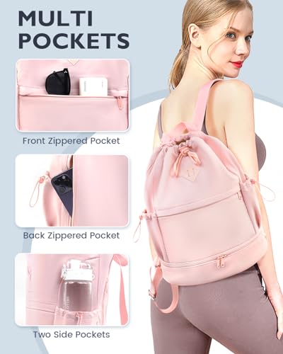 RHDZO Drawstring Backpack Sports Gym Bag with Shoe Compartment and Wet Pocket String Swim Bag for Women Men Beach Backpack, Pink - color: Pink