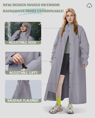 Rain Jacket Women with Hooded Waterproof Lightweight Packable Long Raincoat Poncho for Men Adults - color: Grey, size: X-Large