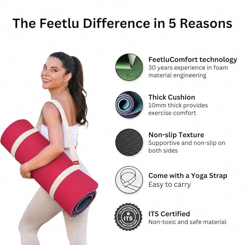 Extra Thick Yoga Mat with Carry Strap, 10mm Non-Slip Exercise Mat, 72 x 24 Inch Cushioned Workout Mat for Yoga, Pilates, Stretching & Floor Exercises - color: Pink & Gray