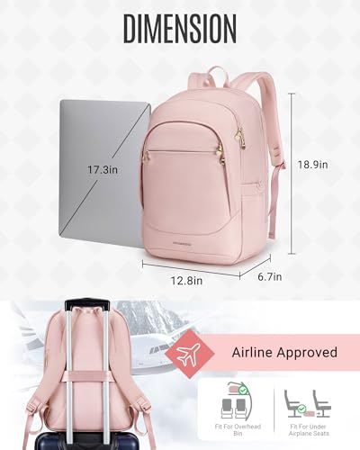 LIGHT FLIGHT Travel Laptop Backpack for Women, 17.3 inches, Pink | USB Charging Hole, Water Resistant, Large Capacity, College Bookbag - color: Pink, size: 17.3 Inch without Wheels