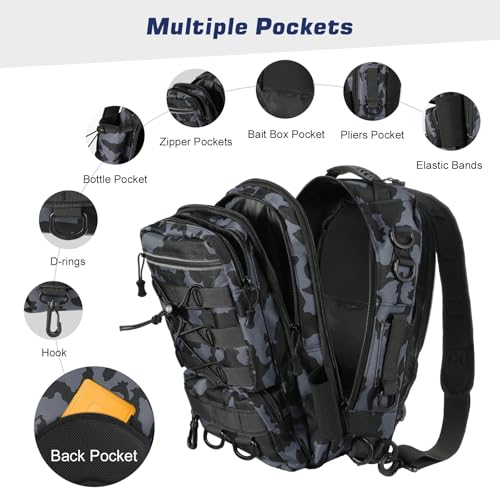 MoKo Fishing Backpack Sling Bag with Rod & Gear Holder, Nylon Waterproof Fishing Tackle Storage Bag for Fishing - color: Gray Camouflage