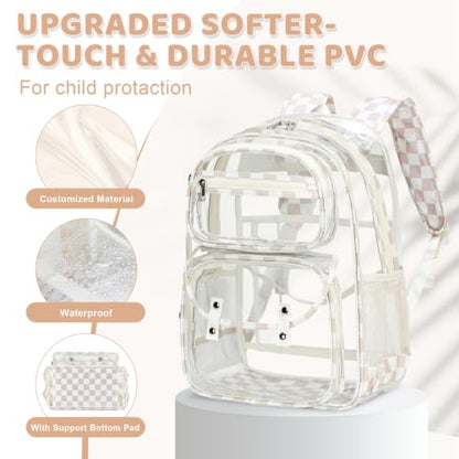 ACESAK Clear Backpack for Girls - 3 Pcs Clear Backpack Heavy Duty with Lunch Bag - See Through Bookbag Stadium Approved for Kids Middle High College School(Beige Checkerboard) - color: Beige Checkerboard
