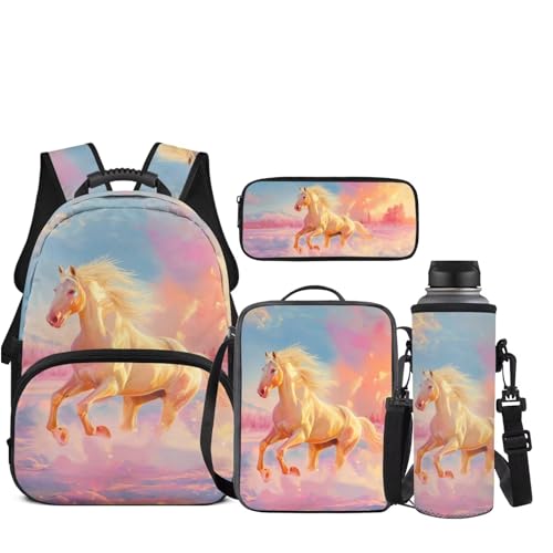 JEOCODY Kids Bookbag Horse Backpack for Girls School Bag with Lunch Bag Pencil Case Pouch Water Bottle Holder 4 Piece Back to School Supplies Casual Boys Daypack for Travel Hiking - color: Cute Horse With Cloud
