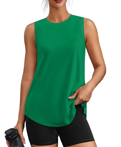 PINSPARK Workout Tops for Women Sleeveless Athletic Tank Tops UPF 50+ Running Tanks with Side Slits Loose Fit Gym Yoga Shirt - color: Green, size: Medium