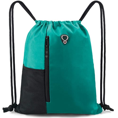 BeeGreen Marrs Green Drawstring Backpack Gym Bag For Men & Women – Sports Sackpack with Mesh Water Bottle Holder & 2 Zippered Pockets – Large 16x20 Inch Cinch String Backpack - color: Marrs Green, style: Drawstring With Mesh Pocket