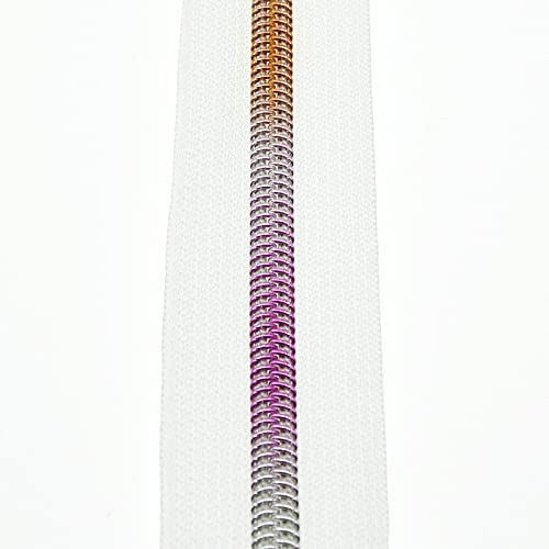 #5 Colorful Metallic Nylon Coil Zippers by The Yard, Bulk White Zipper Tape 10 Yards with 25Pcs Pulls for DIY, Sewing, Craft, Bags YIGUANXIN - color: White-Rainbow teeth
