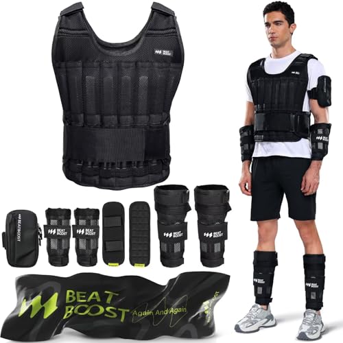 BeatBoost Weighted Vest Men 20lb/30lb/40lb/50lb/60lb Adjustable Weight Vest with Steel Plates Weights for Walking Strength Training Running Workout - color: Black Set, size: 20LB