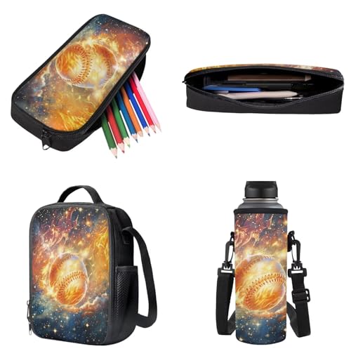 4 Piece Backpack Set for Girls and Boys Laptop Backpack Lunch Bag Pencil Case Lightweight Water Bottle Carrier Casual School Bookbag Set, Baseball Flame Starry Sky - color: Baseball Flame Starry Sky