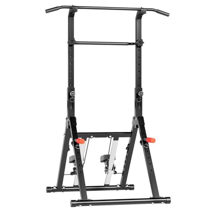 Power Tower Pull Up Station, soges Foldable Pull Up Bar Dip Station with Stair Stepper, Adjustable Free Standing Strength Training Equipment for Home Gym, Multi-Function Workout Tower