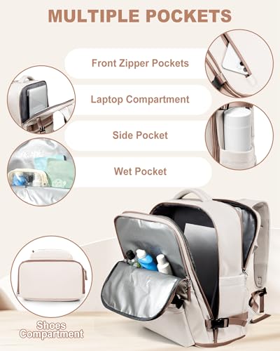VECAVE 18x14x8 TSA-Approved Personal Item Backpack – Under Seat Carry-On Travel Bag for Women, Fits 15.6" Laptop, with Water Bottle & Shoe Pouch, Airline Travel Backpack Flight approved BeigeBrown - color: H9-beige, size: Large