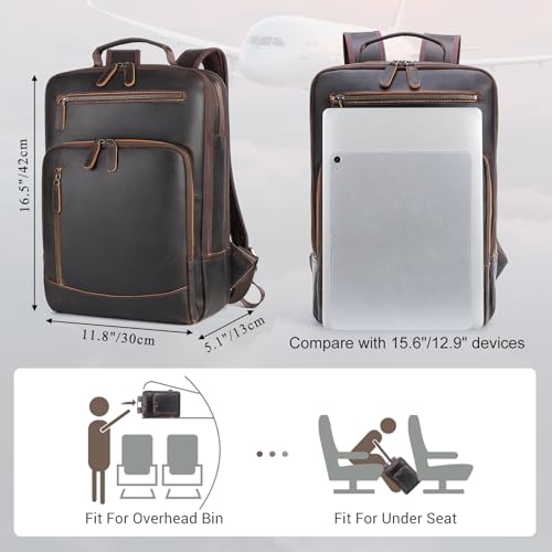 TIDING Full Grain Leather Laptop Backpack for Men, Vintage 15.6 Inch Computer Work Bag College Business Casual Daypack