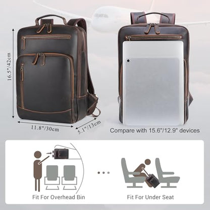 TIDING Full Grain Leather Laptop Backpack for Men, Vintage 15.6 Inch Computer Work Bag College Business Casual Daypack