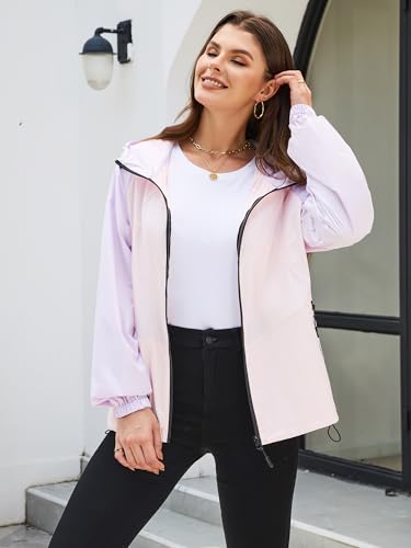 PITINAN Lightweight Rain Jacket Women Packable Wind Breaker Light Rain Jacket Women Waterproof Travel Raincoat S-XXL - color: Light Purple+peachy Pink, size: Small
