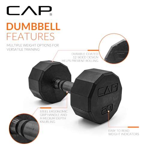 CAP Rubber Coated Hex Dumbbell Set with Storage Rack | 100–210 lb Options, Space-Saving Vertical Compact Storage for Home Gym Strength Training - size: 100 lb - Set, style: 12-Sided Black Handle