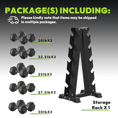 HANDBODE Hex Dumbbell Sets with Rack, 100-165 lb Rubber Encased Dumbbells for Strength Training, Exercise & Fitness, Home Gym Weight Set with Rack - style: 250 lb (20, 22.5, 25, 27.5, 30 lb) X 2 & Rack