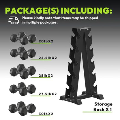 HANDBODE Hex Dumbbell Sets with Rack, 100-165 lb Rubber Encased Dumbbells for Strength Training, Exercise & Fitness, Home Gym Weight Set with Rack - style: 250 lb (20, 22.5, 25, 27.5, 30 lb) X 2 & Rack