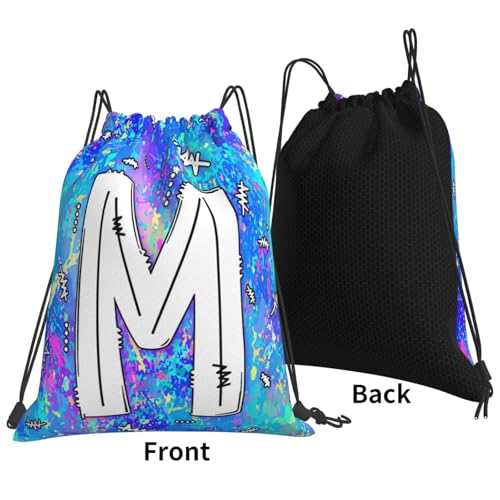 Drawstring Backpack Bag Sport Gym Sackpack Initial Blue Draw String Cinch Bags Bulk String Backpack Storage Bag for Women Men Letters M - color: Letters M