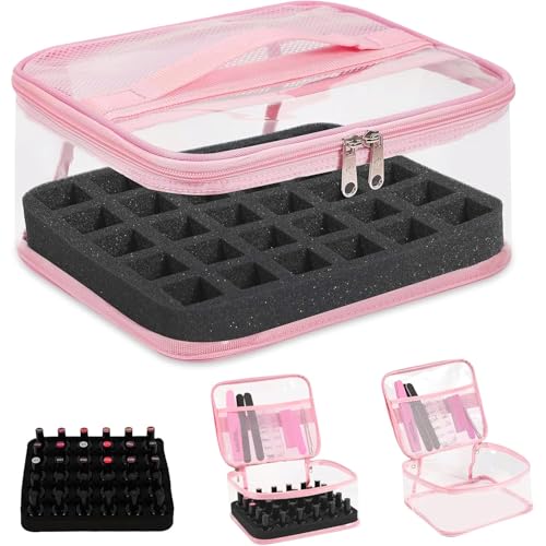 Beloving Clear Nail Polish Organizer Holds 30 Bottles PVC Nail Polish Case See-Through Nail Supplies with Manicure Tools Storage Sections, Portable Travel Nail Tech Carrying Bag for Storage Display - color: 1.Pink
