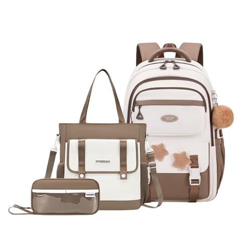 3Pcs Kids Backpack for Girls with Tote Bag, School Bags Bookbag for Girls Elmentary Middle School, with Furry Pendant, A08-3Pcs Coffee - color: A08-3pcs Coffee