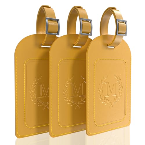 Alphabet Luggage Tags, 3 Pack Yellow Initial Bag Tags with Privacy Cover & Replaceable ID Card, Faux Leather Suitcase Tags for Travel, Flights & Cruises - style: Letter M