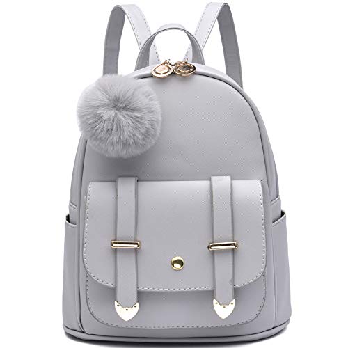 I IHAYNER Girls Fashion Backpack Mini Backpack Purse for Women Teenage Girls Purses PU Leather Pompom Backpack Shoulder Bag - color: Grey
