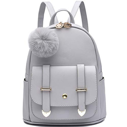 I IHAYNER Girls Fashion Backpack Mini Backpack Purse for Women Teenage Girls Purses PU Leather Pompom Backpack Shoulder Bag - color: Grey