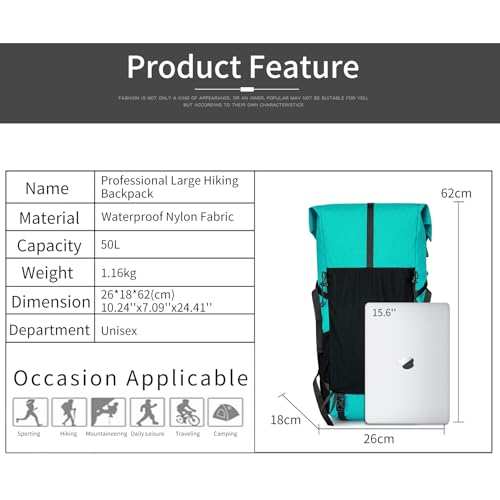 Hiking Backpack,40L to 50L Extra Large Capacity Hiking Bag,Internal Frame Camping Backpack,Upgraded X-PAC Lightweight Sport Daypack Travel Backpack Fit For Mountain Climbing Camping(Peacock Green) - color: Peacock Green