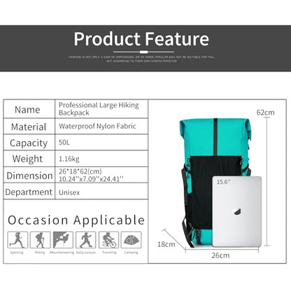 Hiking Backpack,40L to 50L Extra Large Capacity Hiking Bag,Internal Frame Camping Backpack,Upgraded X-PAC Lightweight Sport Daypack Travel Backpack Fit For Mountain Climbing Camping(Peacock Green) - color: Peacock Green