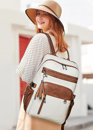 Shrrie Vegan Leather Laptop Backpack for Women,17 Inch Computer Backpack Purse for Work Business College Travel Teacher Nurse with Anti-theft Pocket & Giant Tumbler Holder Pocket,Beige with Brown - color: Beige With Brown