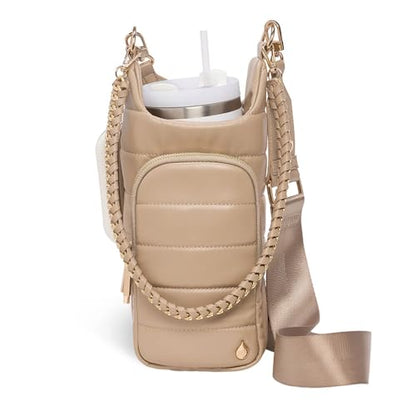 WanderFull HydroBag Handle®, Vegan Leather Hands-Free Crossbody 40 Oz Water Bottle Carrier w/Strap Bundle - color: Taupe