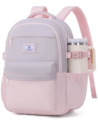 LOVEVOOK Laptop Backpack for Women Teens,College School Backpack with Tumbler Holder,15.6" Computer Bag,14 Pockets,Waterproof - color: Pink/Grey, size: 15.6inch
