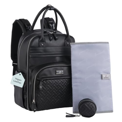 BabbleRoo Leather Diaper Bag Backpack - Baby Essentials Travel Baby Bag, Multi function, with Changing Pad, Stroller Straps & Pacifier Case – Unisex, Black - color: Vegan Leather Black, size: Large