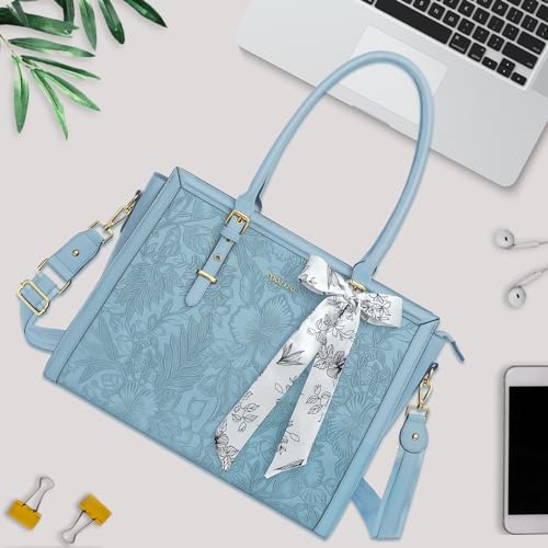 MOSISO Laptop Bag for Women, 17-17.3 inch PU Leather Tote Bag Compatible with MacBook, HP, Dell, Asus Notebook, Front Embossed Retro Hibiscus Computer Bags with Silk Scarf&Clutch Purse, Air Blue - color: Air Blue, size: 17.3 inch