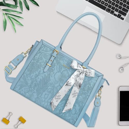 MOSISO Laptop Bag for Women, 17-17.3 inch PU Leather Tote Bag Compatible with MacBook, HP, Dell, Asus Notebook, Front Embossed Retro Hibiscus Computer Bags with Silk Scarf&Clutch Purse, Air Blue - color: Air Blue, size: 17.3 inch