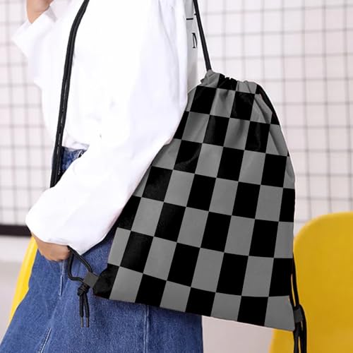 Drawstring Backpack Draw String Bag Waterproof for Sports Gym Beach Travel Cute Aesthetic Sackpack Men Women (13"×17")-Black Gray Checkered - color: S-12-black Gray
