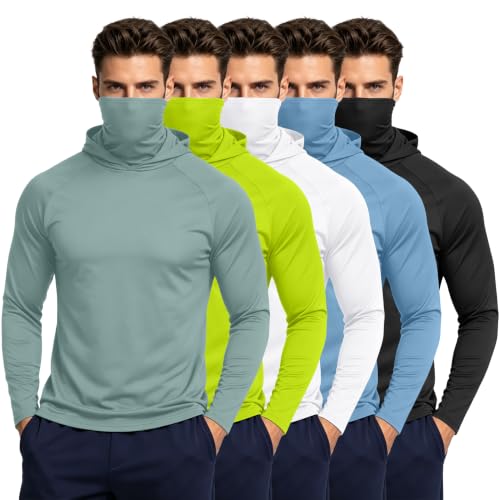 HovSiyla Mens Fishing Hoodie UV Sun Protection Shirts UPF Rash Guard Long Sleeve Shirts Hiking Performance Mesh Face Mask Top - color: 5 Pack : Green Blue Fluorescent Black White, size: Medium