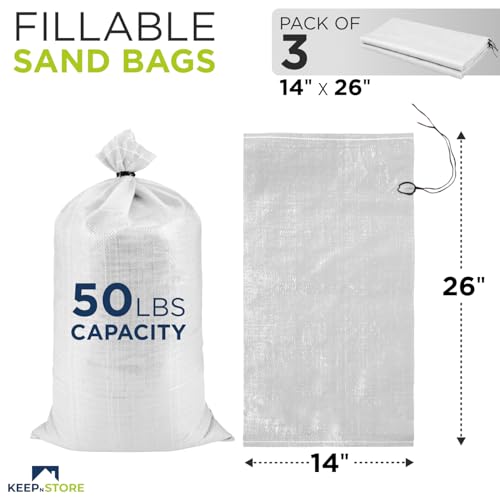 Heavy Duty Sand Bags Pack of 3, White Empty Sandbags with Built-In Ties, Woven Polypropylene UV Protection 1600 Hours, Fillable Bags for Flood Control, Weight, 14x26 inches, 50 Pounds Volume - size: 14"W x 26"L, style: Pack of 3