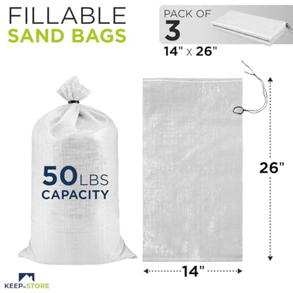 Heavy Duty Sand Bags Pack of 3, White Empty Sandbags with Built-In Ties, Woven Polypropylene UV Protection 1600 Hours, Fillable Bags for Flood Control, Weight, 14x26 inches, 50 Pounds Volume - size: 14"W x 26"L, style: Pack of 3
