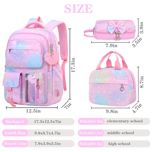 Girls Backpack Set with Lunch Box & Pencil Case, Floral Print Girls School Backpack for Elementary/Middle/High School (Rainbow) - color: Rainbow