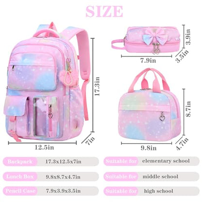 Girls Backpack Set with Lunch Box & Pencil Case, Floral Print Girls School Backpack for Elementary/Middle/High School (Rainbow) - color: Rainbow