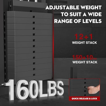 SPART Home Gym Station,Multifunctional Home Gym Workout Equipment,with 160LBS Weight Stack for Leg Press & Chest Fly, All in One Exercise Equipment Full Body Strength Training with Pulley System - color: Black, style: Steel Cover