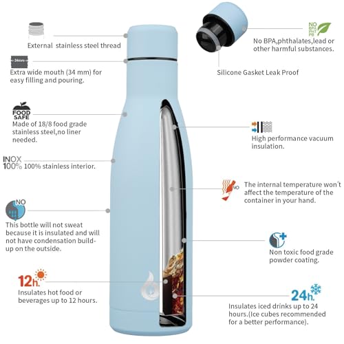 BJPKPK 17 oz Insulated Thermal Metal Water Bottle, Stainless Steel Flask - color: Sky Blue, size: 17 Ounces
