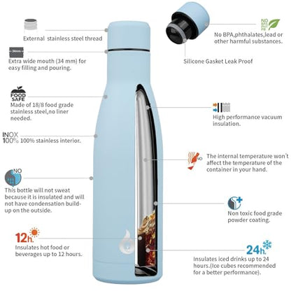 BJPKPK 17 oz Insulated Thermal Metal Water Bottle, Stainless Steel Flask - color: Sky Blue, size: 17 Ounces