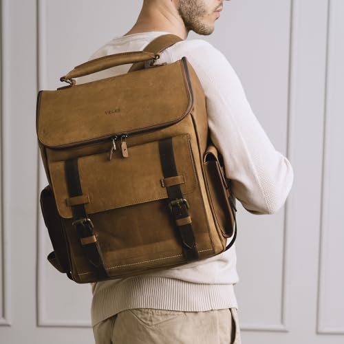 VELEZ Top Grain Leather Backpack for Men and Women - 15.6 Inch Laptop Bag - Brown Designer Leather Bookbag - Vintage Business Leather Travel Backpack Casual Shoulder Bags