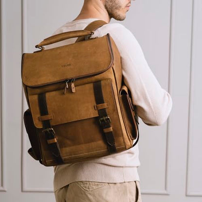 VELEZ Top Grain Leather Backpack for Men and Women - 15.6 Inch Laptop Bag - Brown Designer Leather Bookbag - Vintage Business Leather Travel Backpack Casual Shoulder Bags