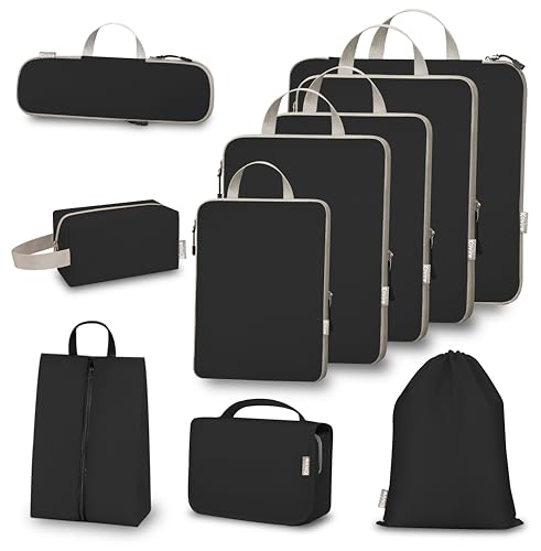 10 Set Compression Packing Cubes for Travel, Expandable Packing Organizer with Hanging Toiletry Bag, Shoe Bag & Accessories Bag, Ultralight Storage Travel Bags for Carry-on Luggage, Black - color: Black, size: Set of 10