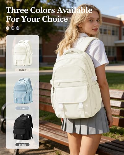Waterproof Aesthetic Backpack For School, Cute High School Bookbag For Teen Girls Boys, Lightweight Casual Daypack Backpack For Women Men, College Backpack With Lots Of Pockets（Beige） - color: Beige